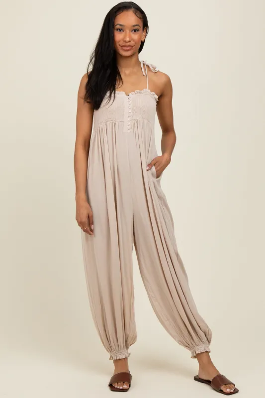 Beige Smocked Button Front Shoulder Tie Jumpsuit sold by Pinkblush