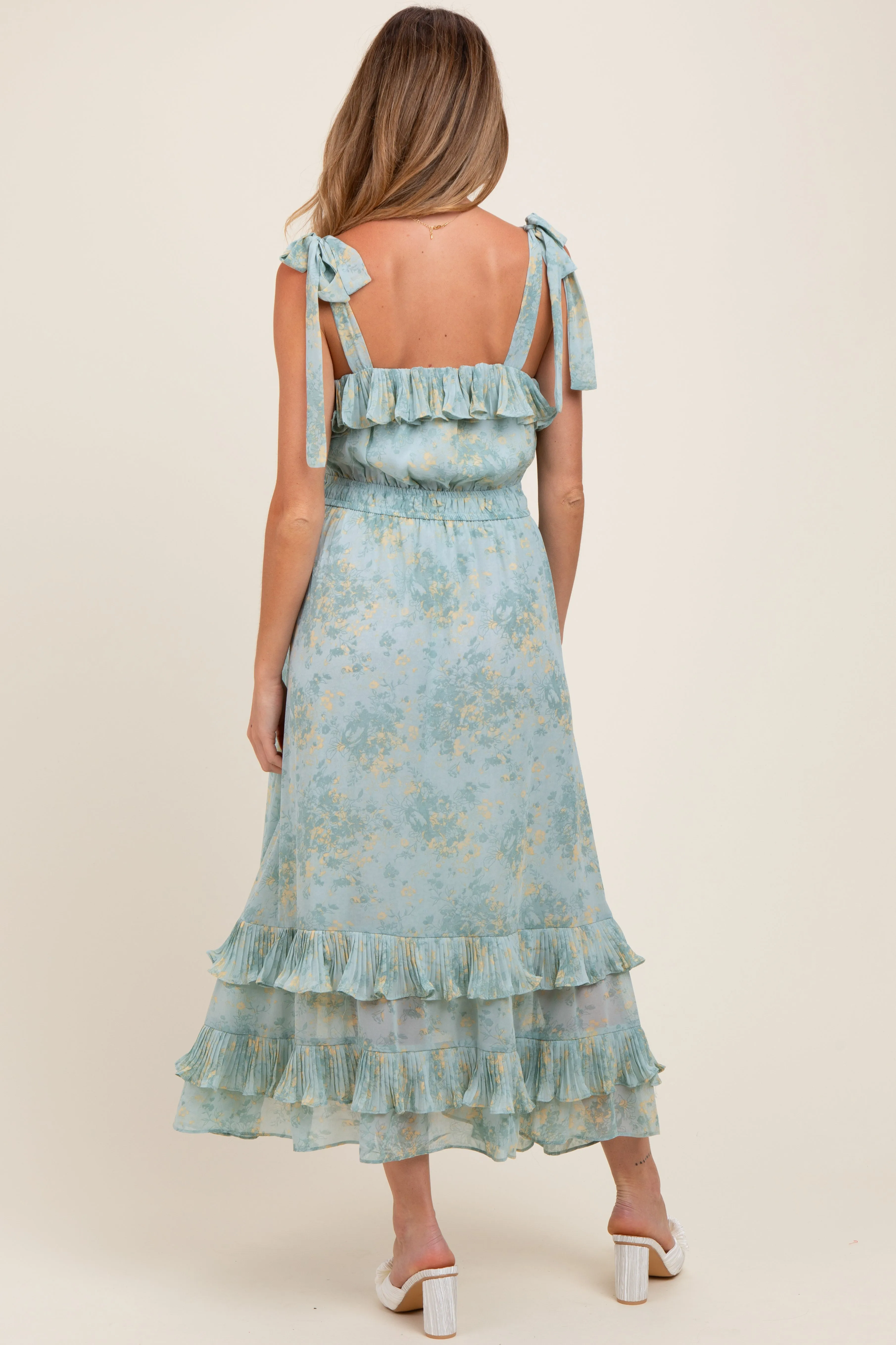 Mint Floral Chiffon Pleated Ruffle Maternity Midi Dress sold by Pinkblush product image thumbnail 2
