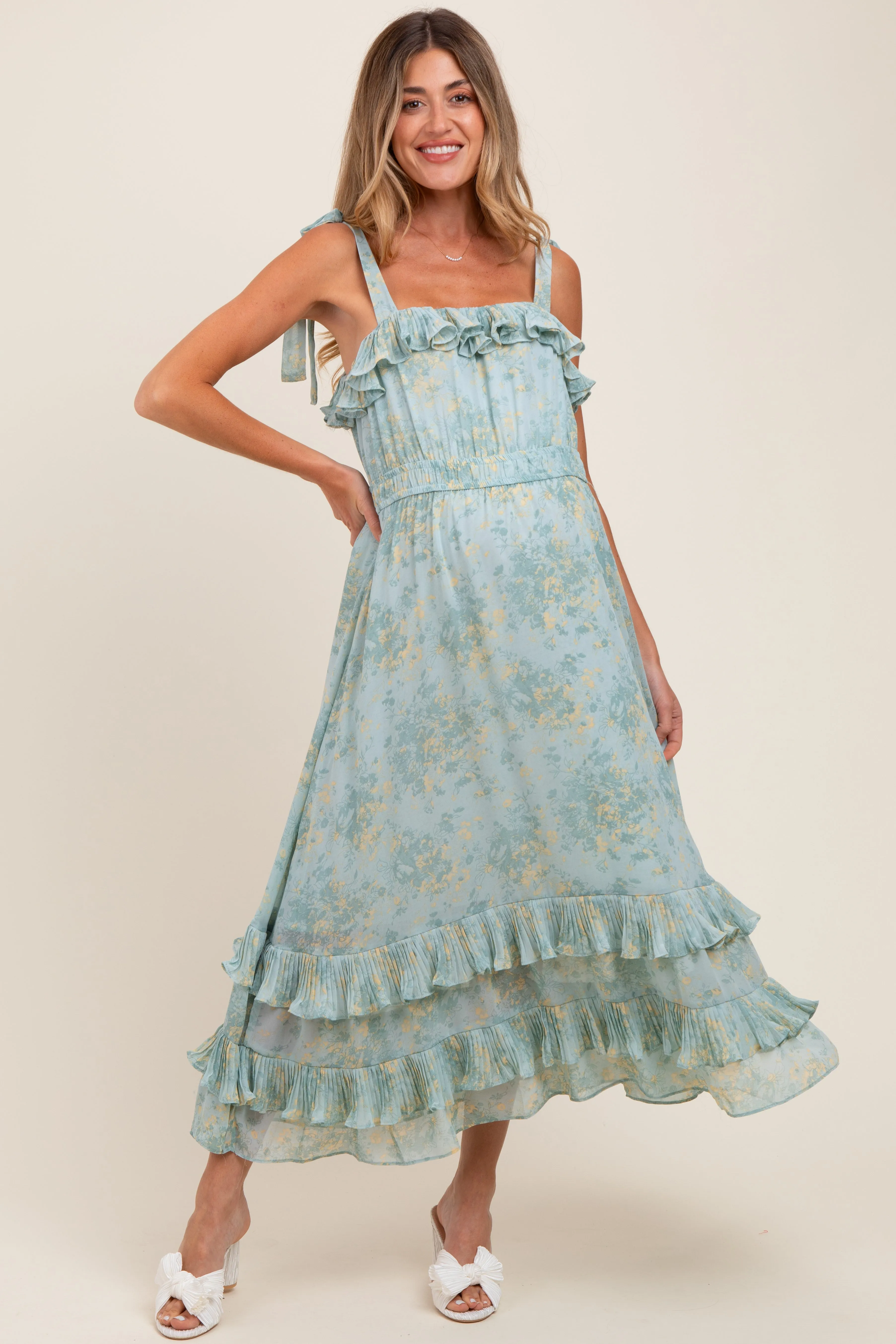Mint Floral Chiffon Pleated Ruffle Maternity Midi Dress sold by Pinkblush