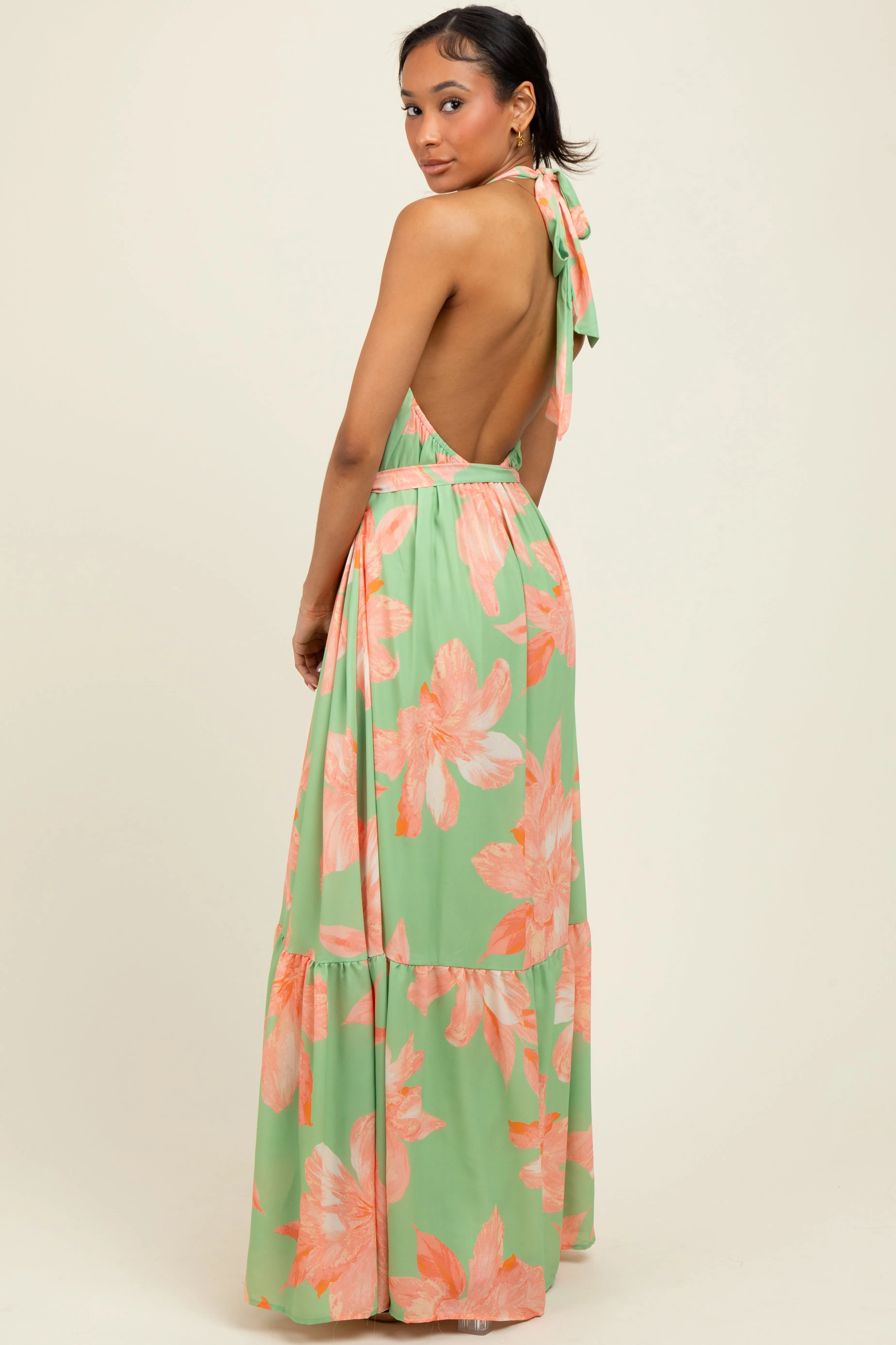 Mint Green Floral Halter Neck Open Back Maxi Dress sold by Pinkblush product image thumbnail 3