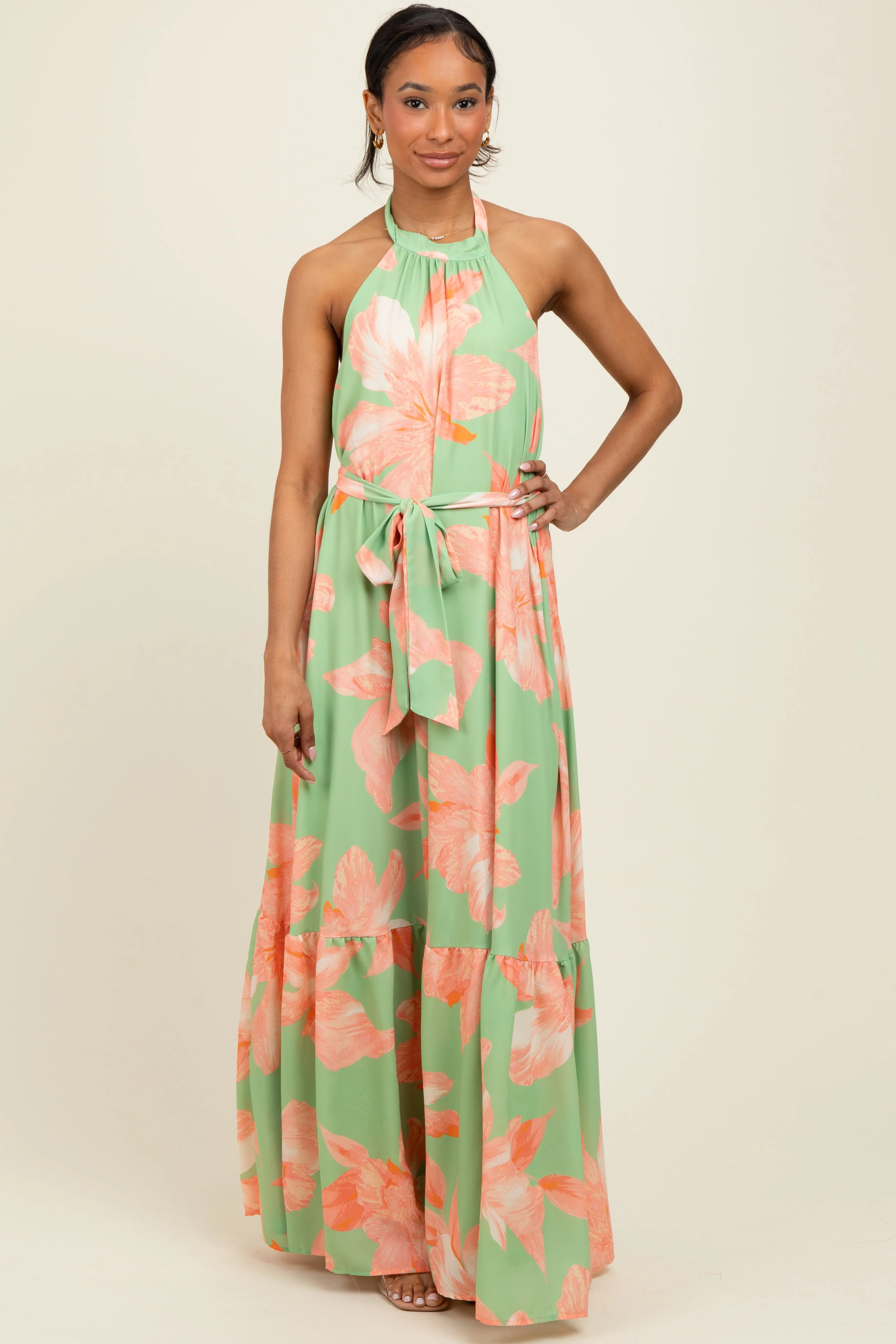 Mint Green Floral Halter Neck Open Back Maxi Dress sold by Pinkblush