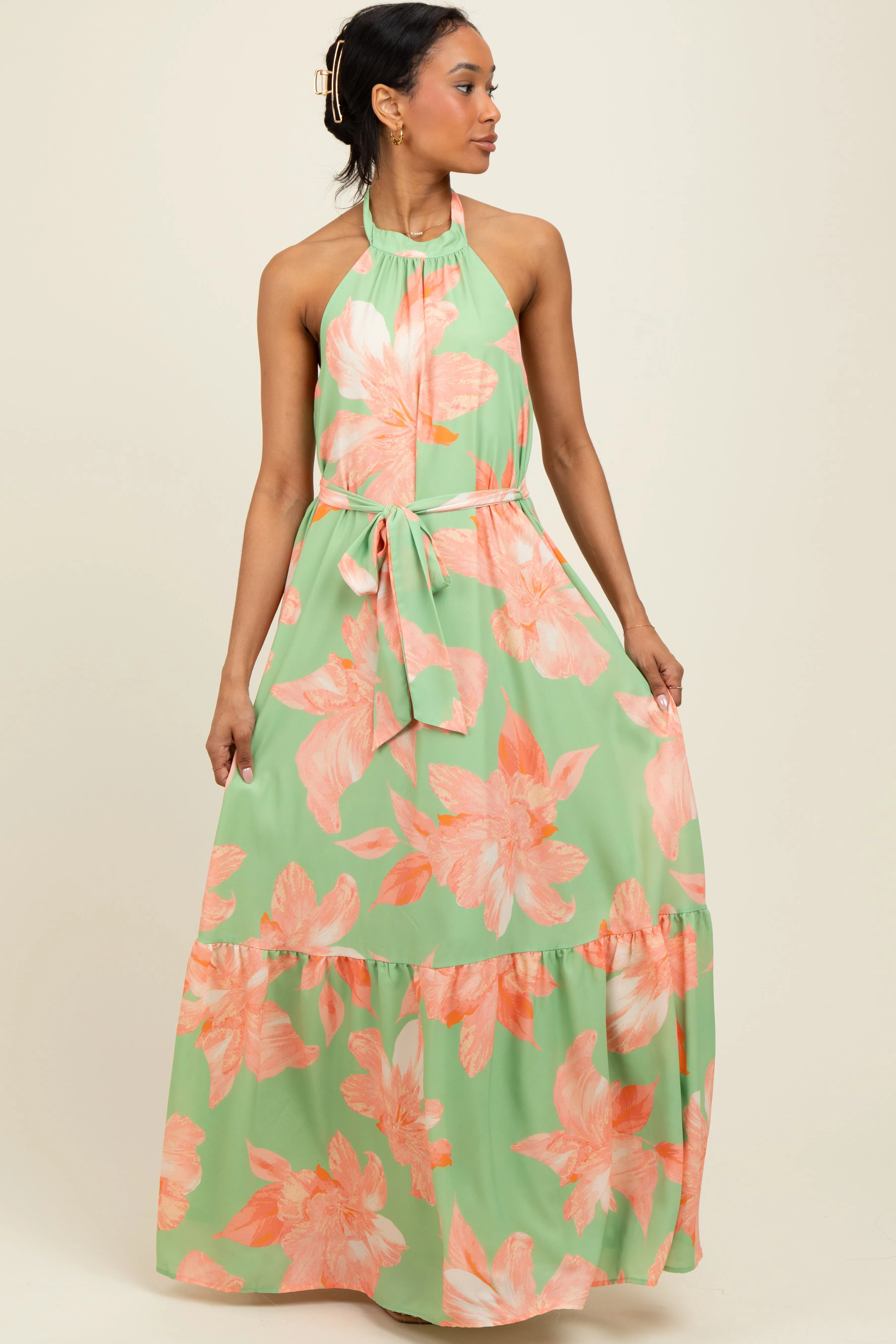 Mint Green Floral Halter Neck Open Back Maxi Dress sold by Pinkblush product image thumbnail 2