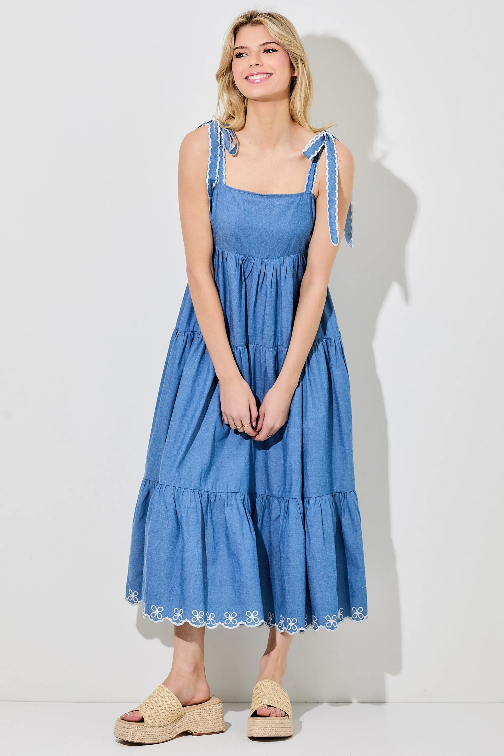 Denim Tiered Midi Dress sold by Pinkblush