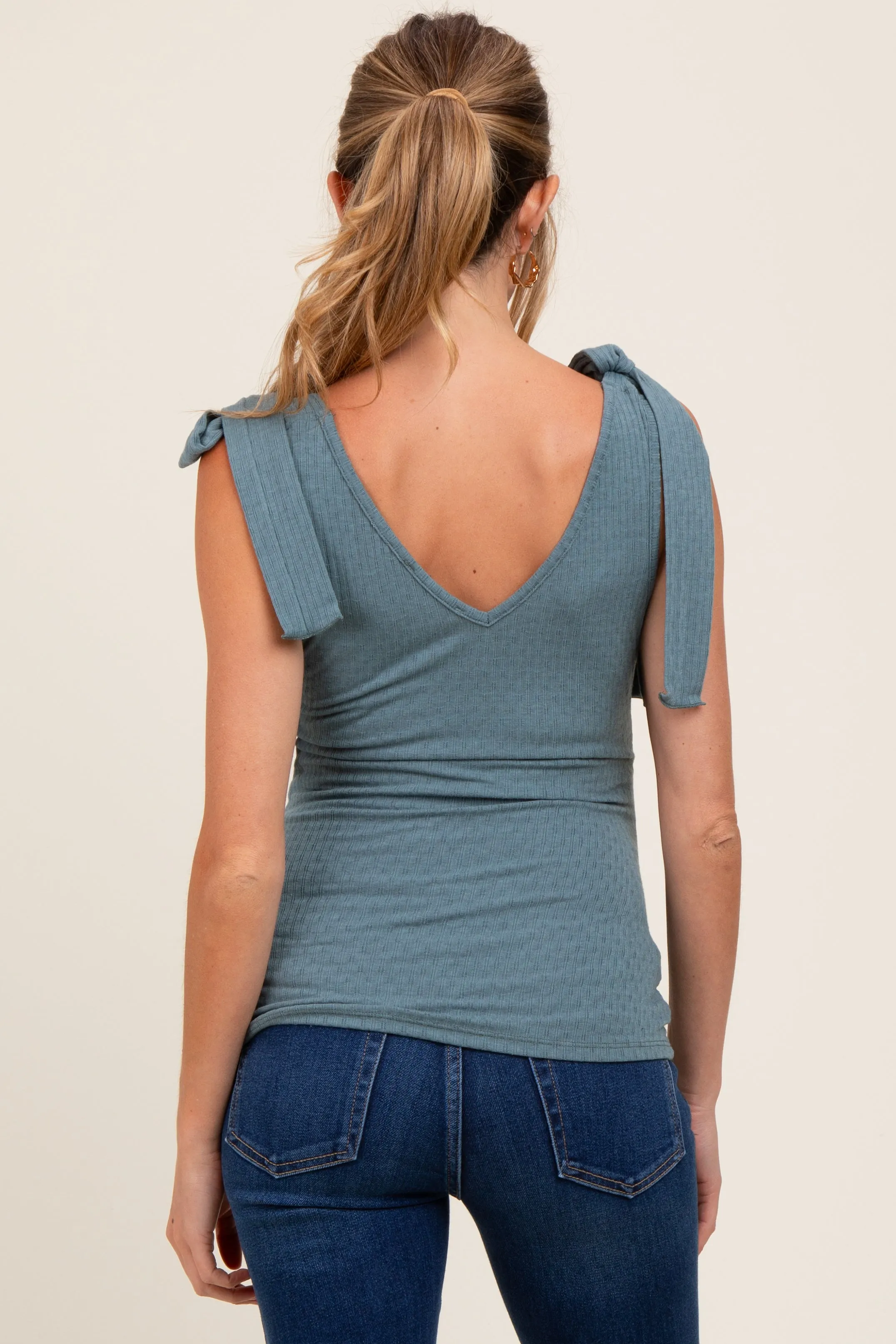 Teal Solid Ribbed Sleeveless Tie V-Neck Maternity Top sold by Pinkblush product image thumbnail 4