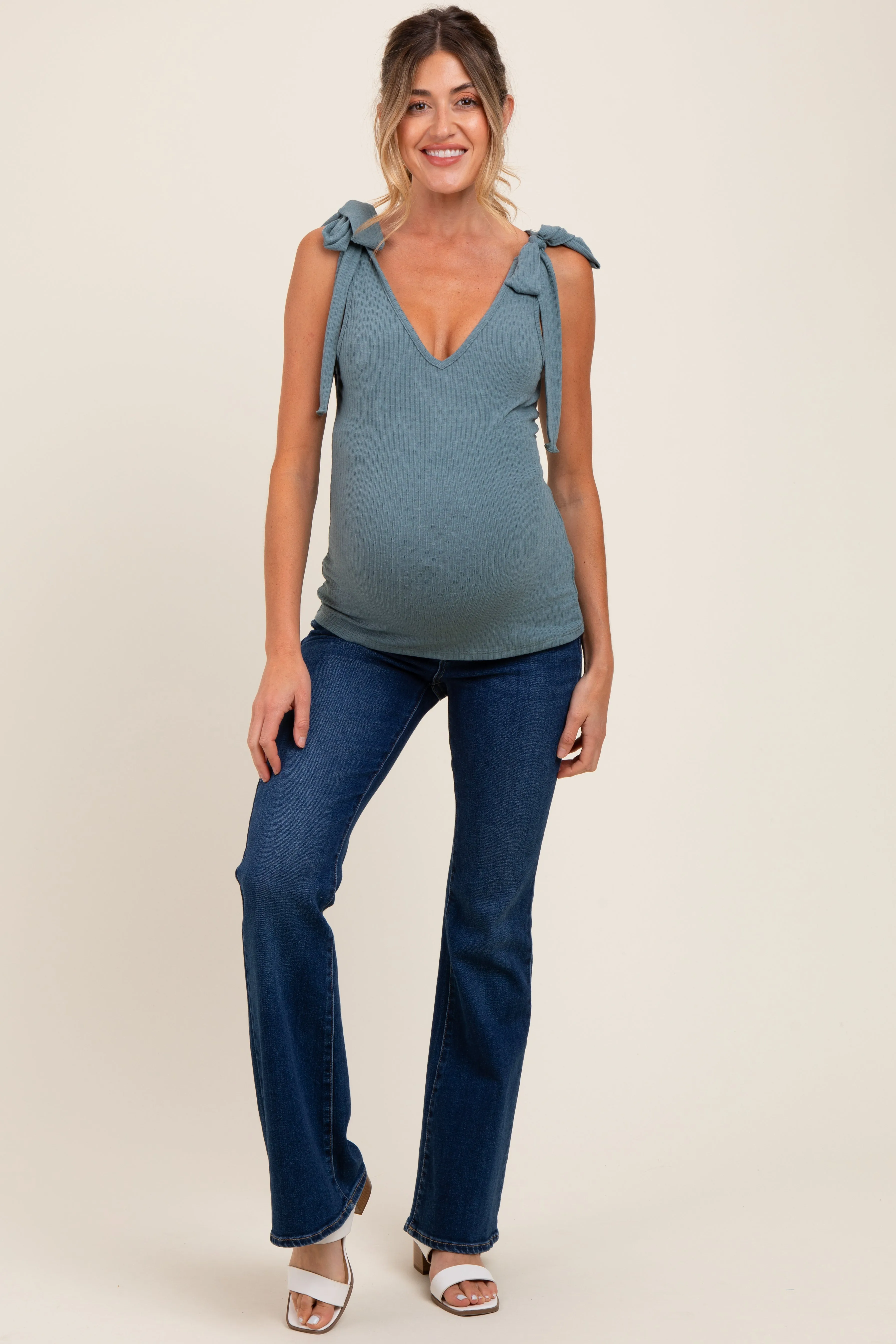 Teal Solid Ribbed Sleeveless Tie V-Neck Maternity Top sold by Pinkblush product image thumbnail 2