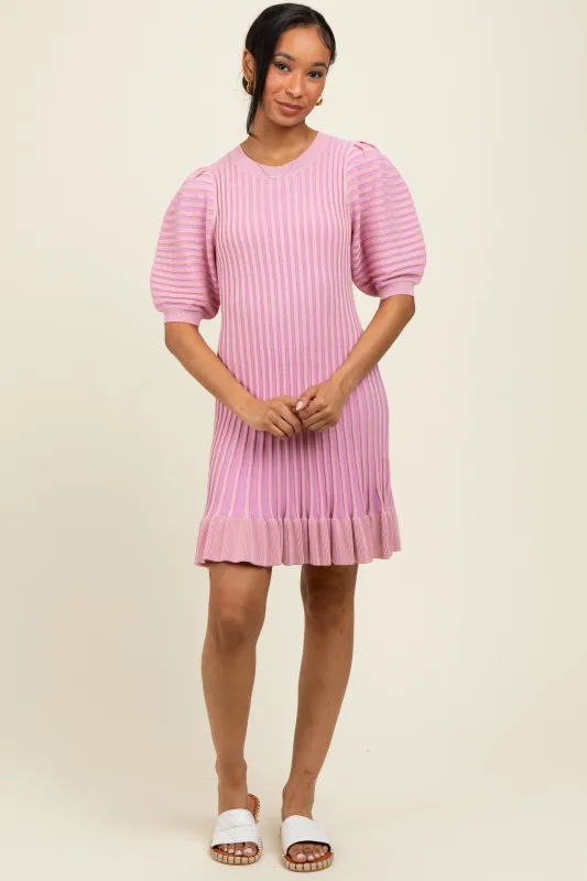 Pink Ribbed Knit Puff Sleeve Ruffle Hem Mini Dress sold by Pinkblush