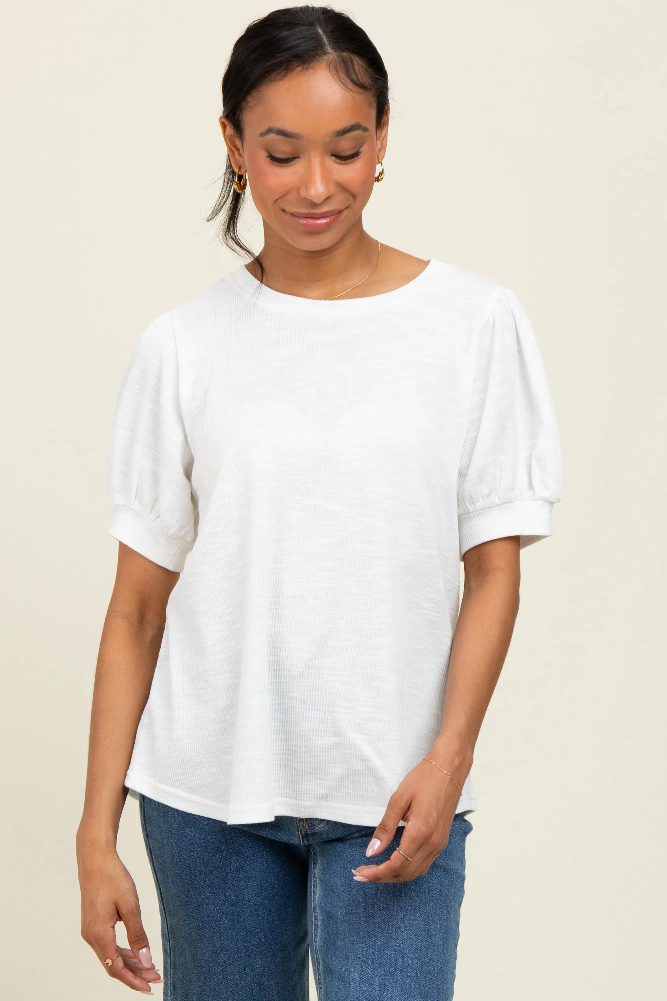 Ivory Ribbed Puffed Sleeve Top sold by Pinkblush product image thumbnail 2