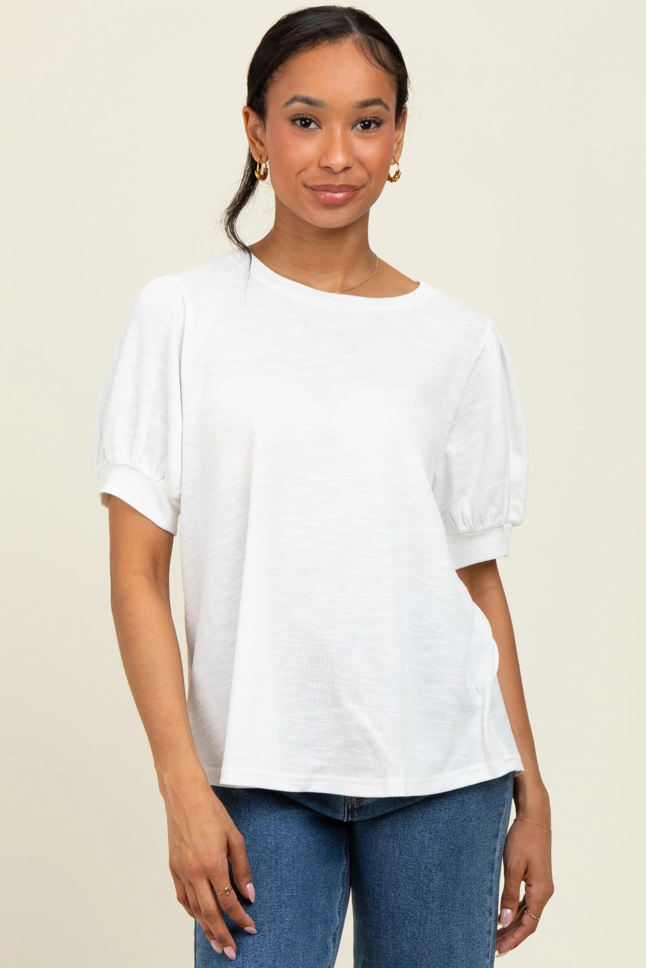 Ivory Ribbed Puffed Sleeve Top sold by Pinkblush