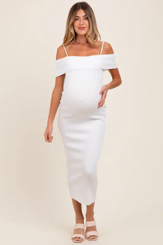 Ivory Rib Knit Off Shoulder Fitted Maternity Midi Dress sold by Pinkblush