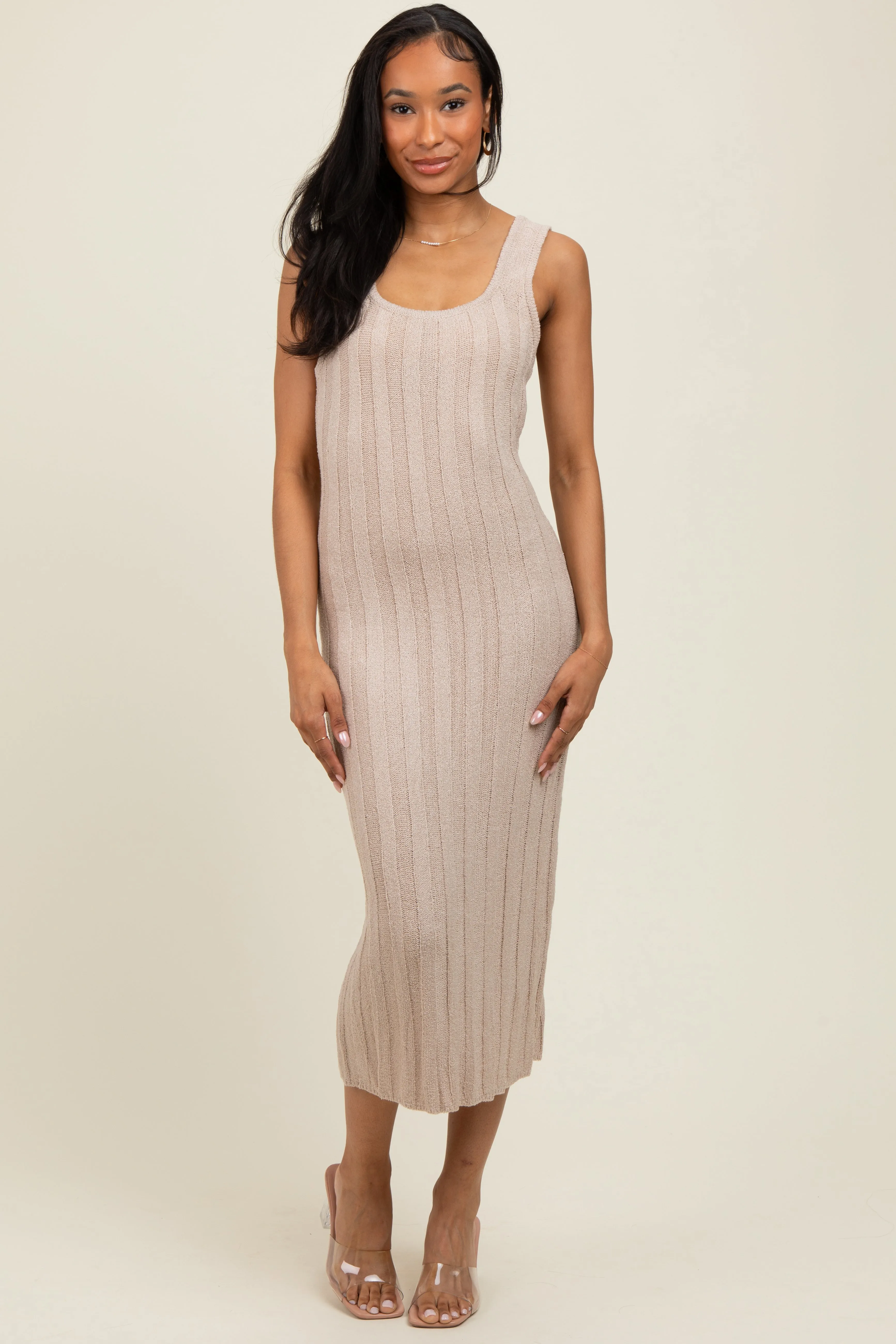 Beige Wide Ribbed Sweater Knit Maternity Midi Dress sold by Pinkblush product image thumbnail 5
