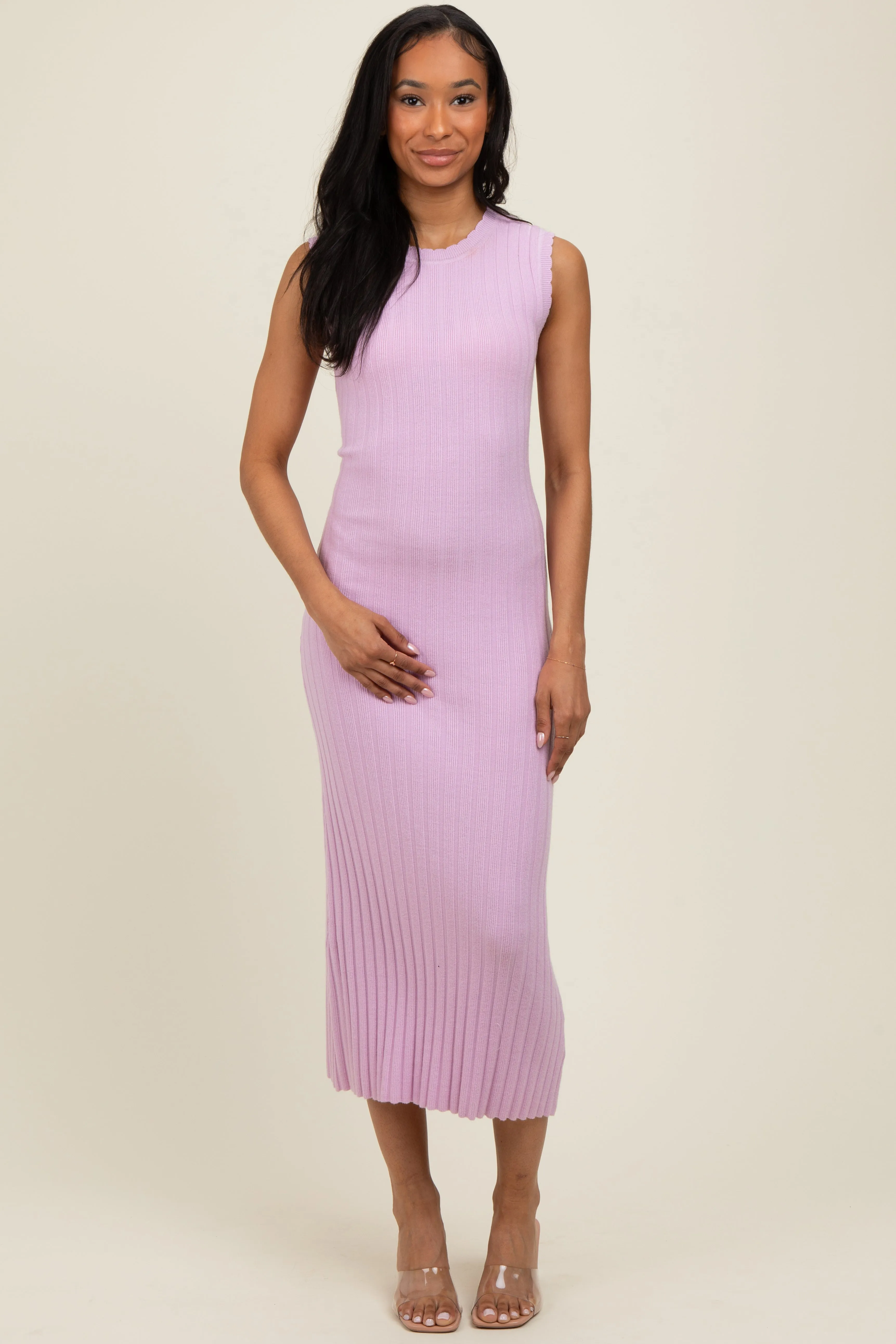 Light Pink Scalloped Ribbed Knit Sleeveless Midi Dress sold by Pinkblush product image thumbnail 2