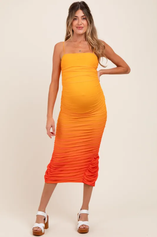 Orange Mesh Ombre Ruched Maternity Midi Dress sold by Pinkblush