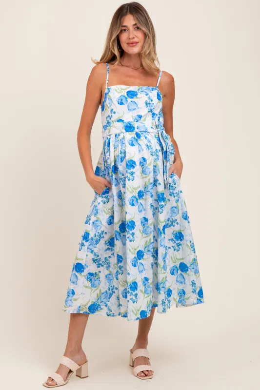 Blue Floral Sleeveless Sash Tie Maternity Midi Dress sold by Pinkblush