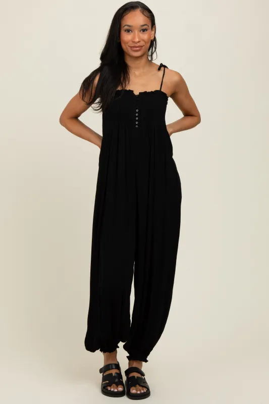 Black Smocked Button Front Shoulder Tie Jumpsuit sold by Pinkblush