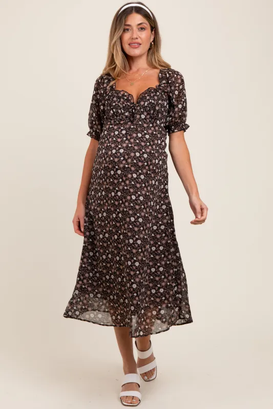 Black Floral Chiffon Sweetheart Puff Sleeve Maternity Midi Dress sold by Pinkblush