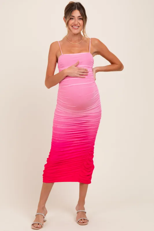 Pink Mesh Ombre Ruched Maternity Midi Dress sold by Pinkblush