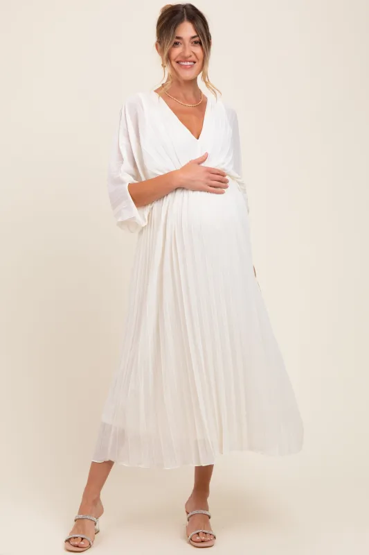 Cream Pleated V Neck Maternity Maxi Dress sold by Pinkblush