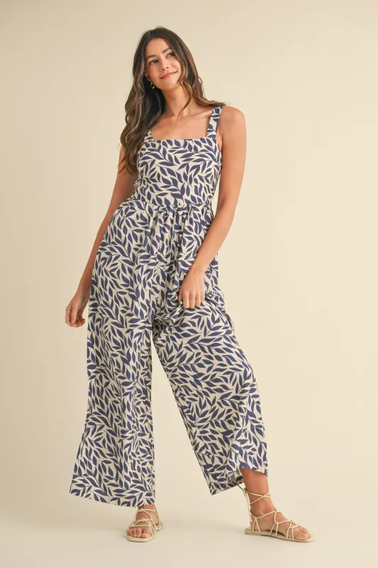 Navy Leaf Print Buckle Strap Wide Leg Jumpsuit sold by Pinkblush