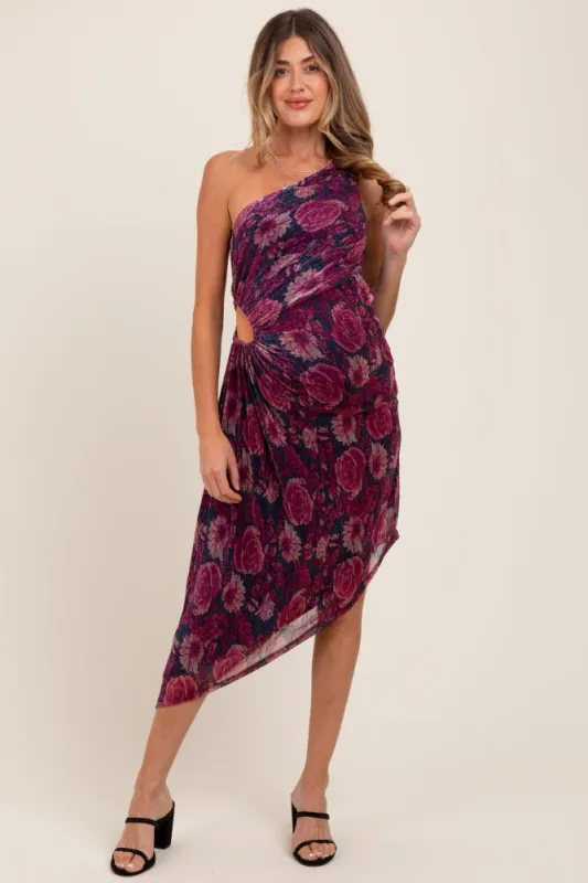 Magenta Floral One Shoulder Asymmetrical Maternity Midi Dress sold by Pinkblush