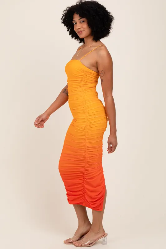 Orange Mesh Ombre Ruched Midi Dress sold by Pinkblush