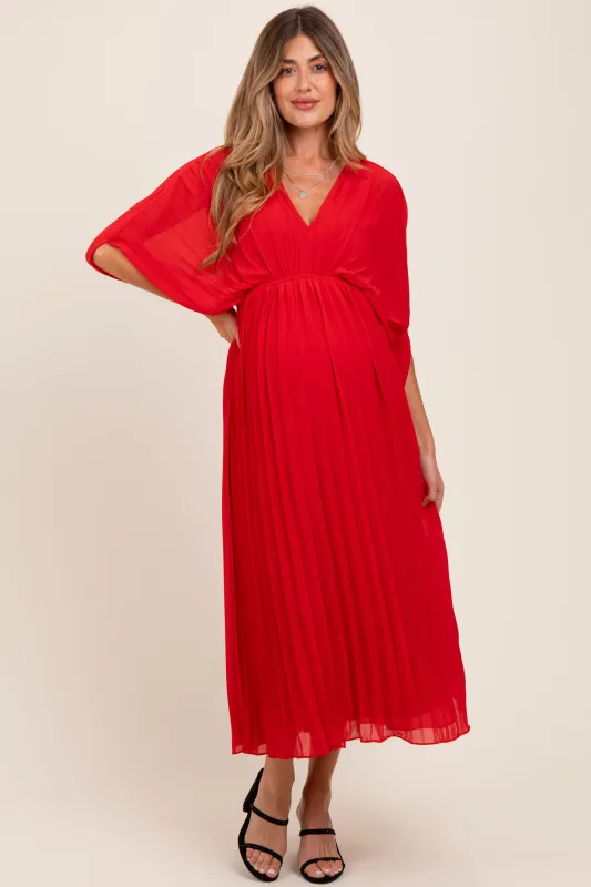 Red Pleated V Neck Maternity Maxi Dress sold by Pinkblush