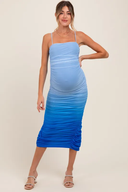 Blue Mesh Ombre Ruched Maternity Midi Dress sold by Pinkblush