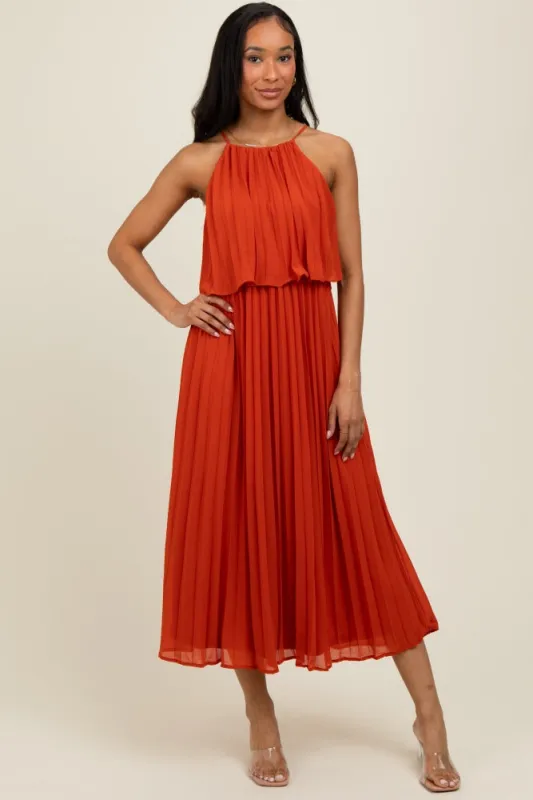 Rust Pleated Woven Midi Dress sold by Pinkblush