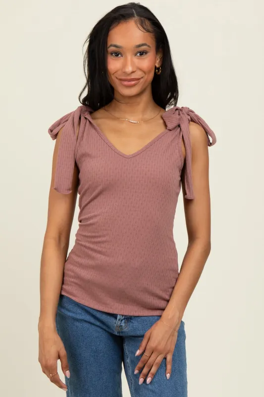 Mauve Solid Ribbed Sleeveless Tie V-Neck Top sold by Pinkblush