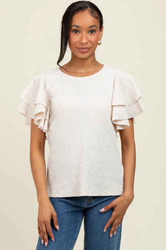 Beige Textured Ruffle Sleeve Top sold by Pinkblush