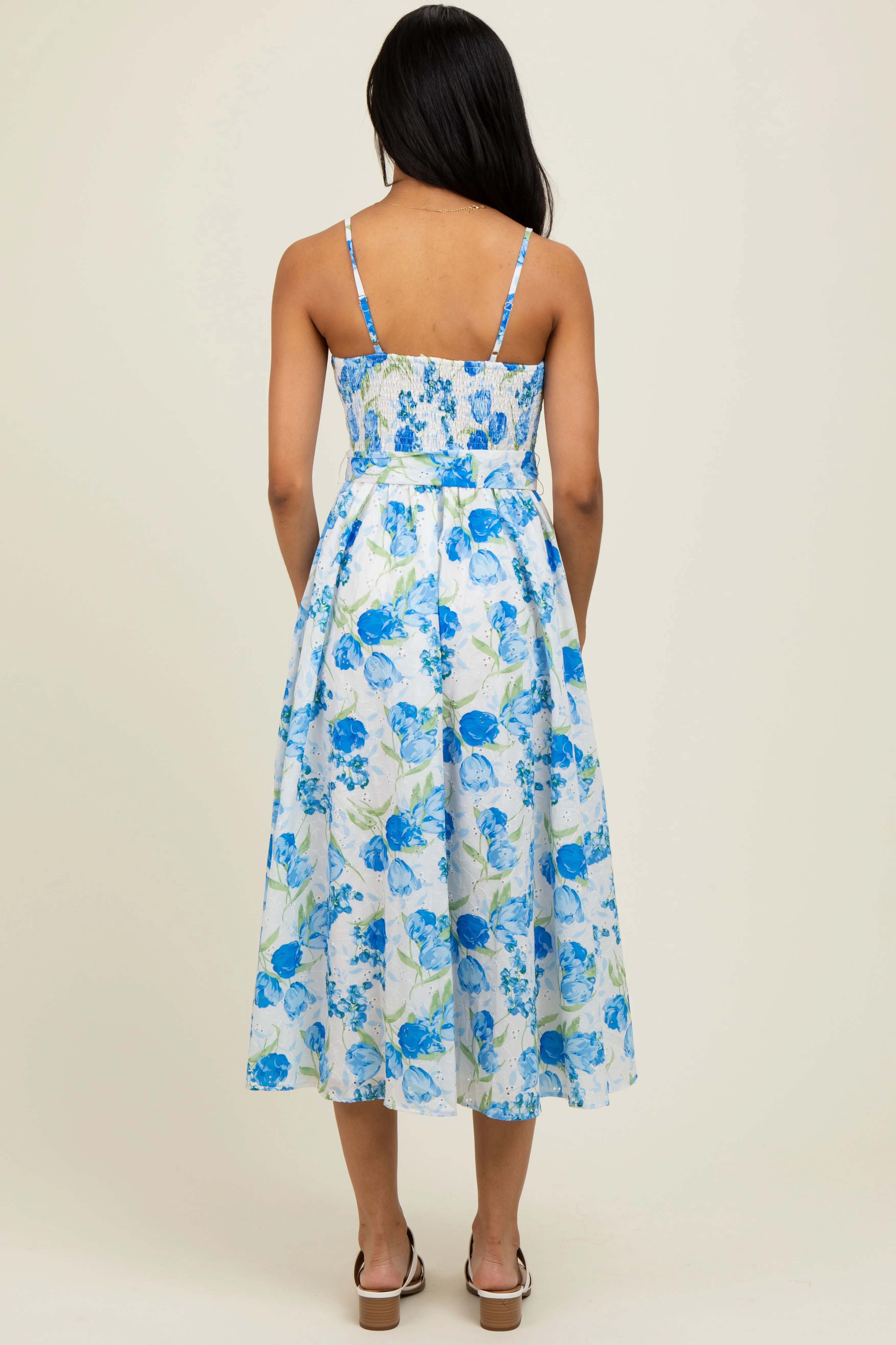Blue Floral Sleeveless Sash Tie Midi Dress sold by Pinkblush product image thumbnail 4