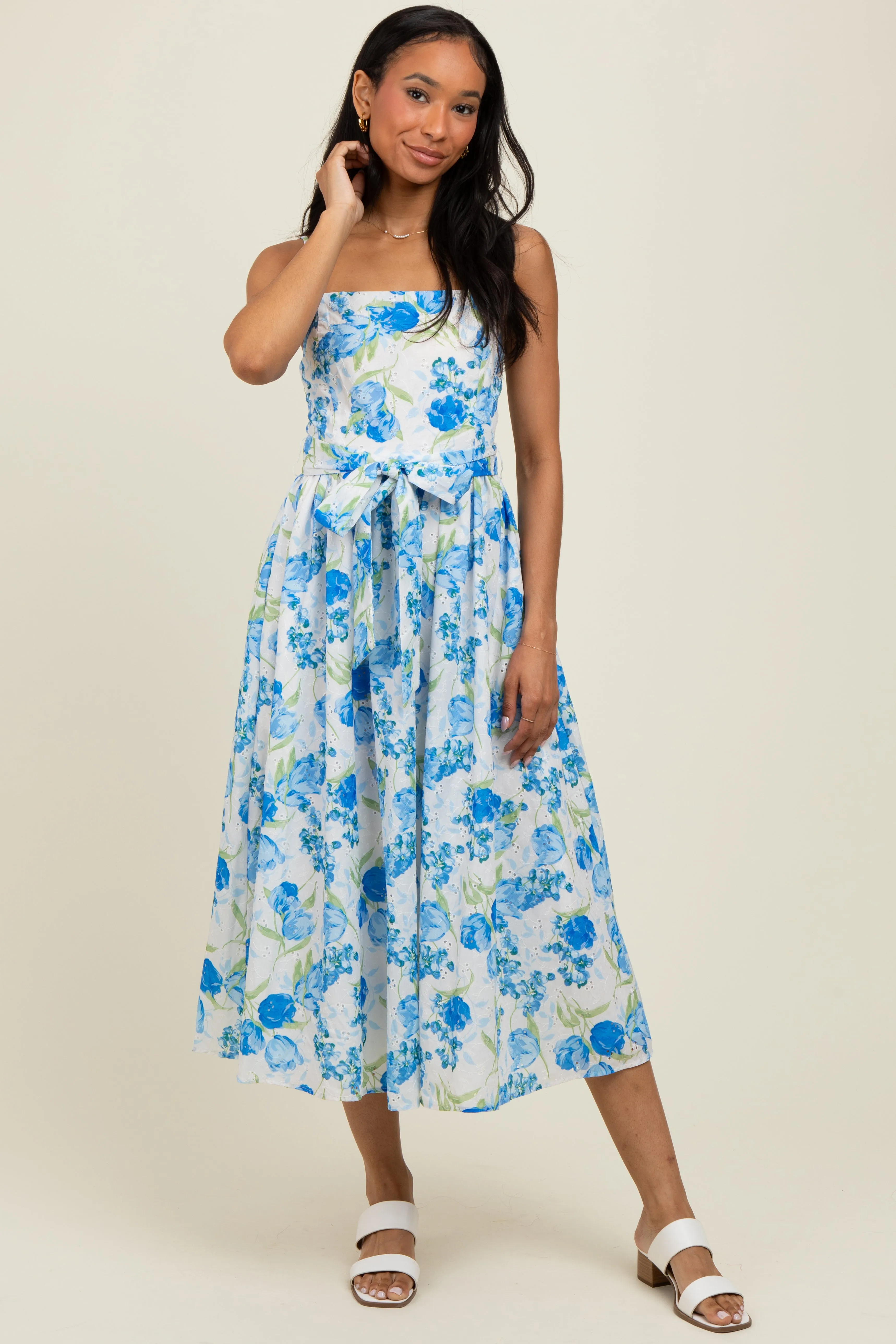 Blue Floral Sleeveless Sash Tie Midi Dress sold by Pinkblush