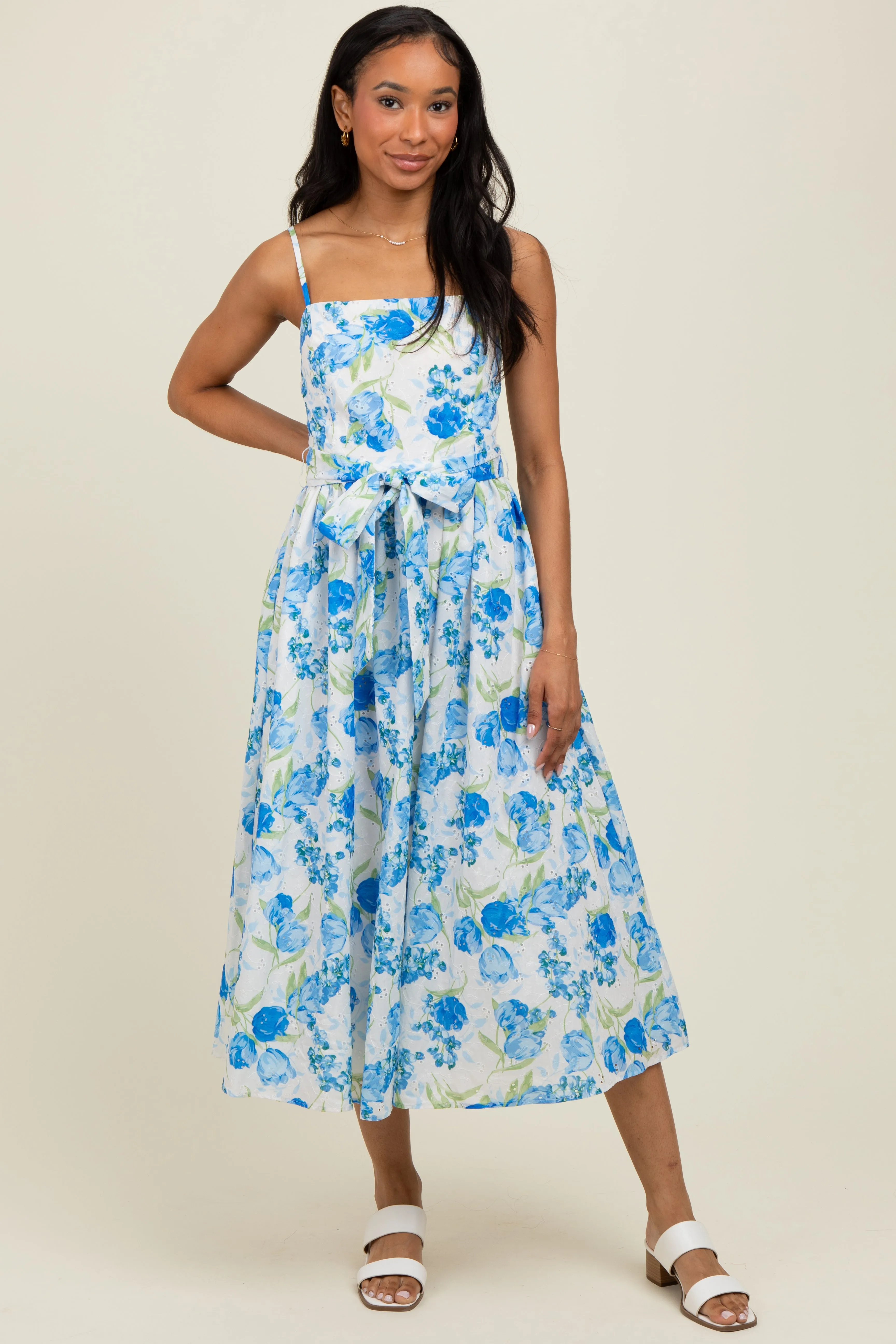 Blue Floral Sleeveless Sash Tie Midi Dress sold by Pinkblush product image thumbnail 2