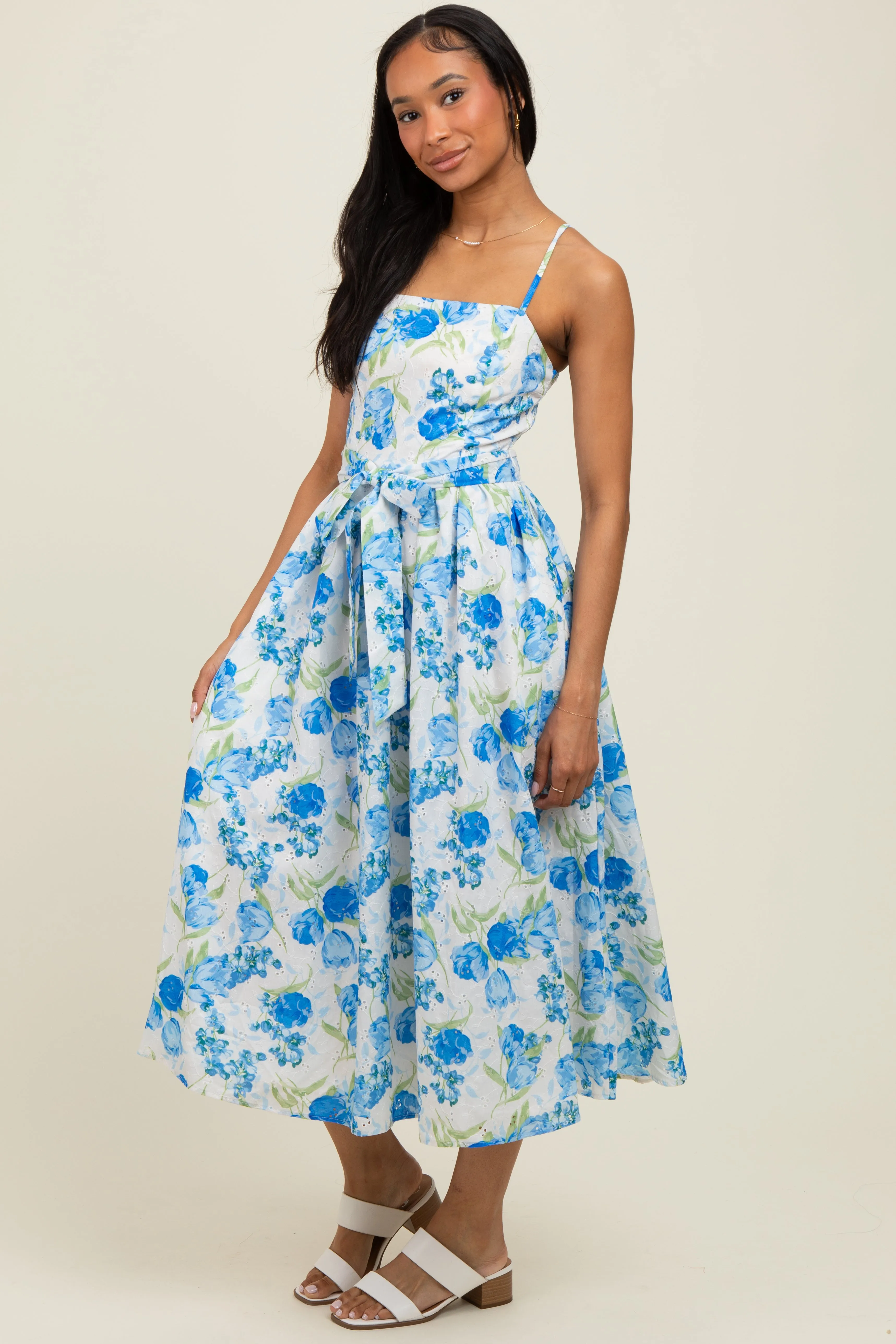 Blue Floral Sleeveless Sash Tie Midi Dress sold by Pinkblush product image thumbnail 3