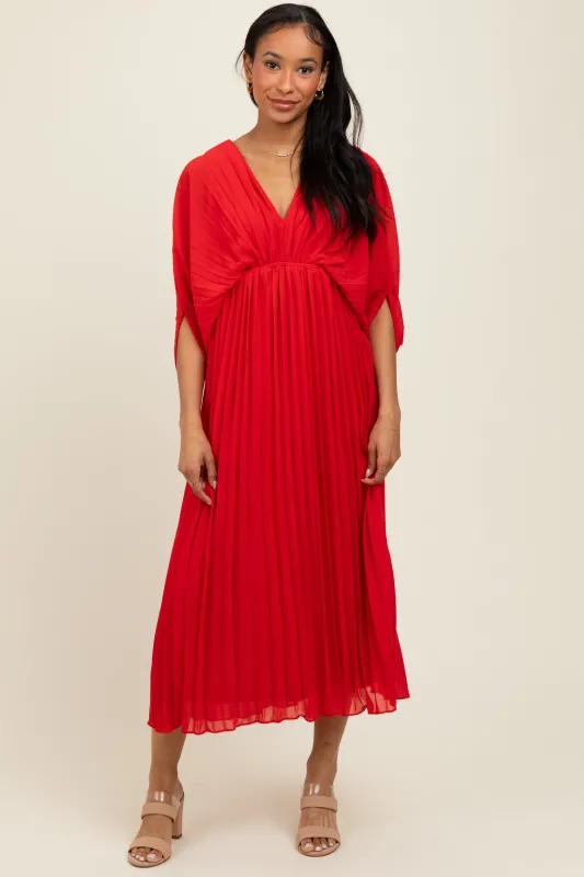 Red Pleated V Neck Maxi Dress sold by Pinkblush