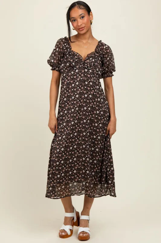 Black Floral Chiffon Sweetheart Puff Sleeve Midi Dress sold by Pinkblush