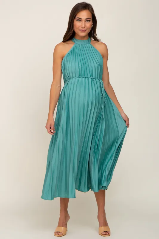 Mint Green Pleated Maternity Halter Dress sold by Pinkblush