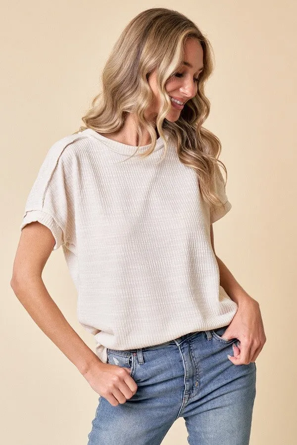 Ivory Ribbed Exposed Seam Short Sleeve Top sold by Pinkblush product image thumbnail 3