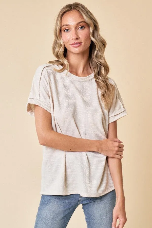 Ivory Ribbed Exposed Seam Short Sleeve Top sold by Pinkblush