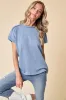 Blue Ribbed Exposed Seam Short Sleeve Top sold by Pinkblush