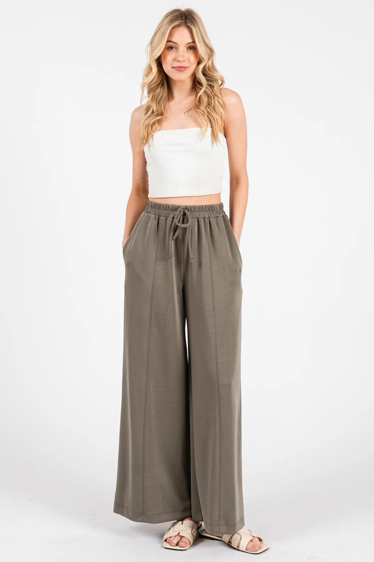 Olive Drawstring Wide Leg Pants sold by Pinkblush