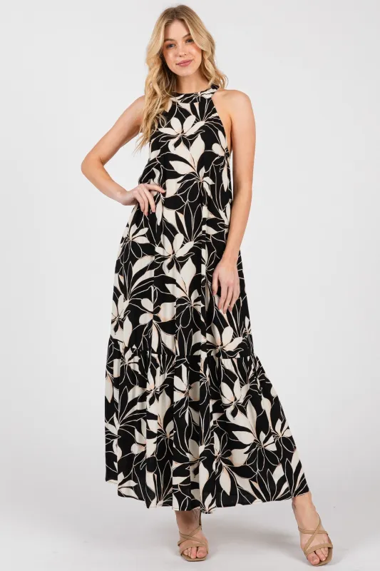 Black/Beige Print Halter Neck Tiered Maxi Dress sold by Pinkblush
