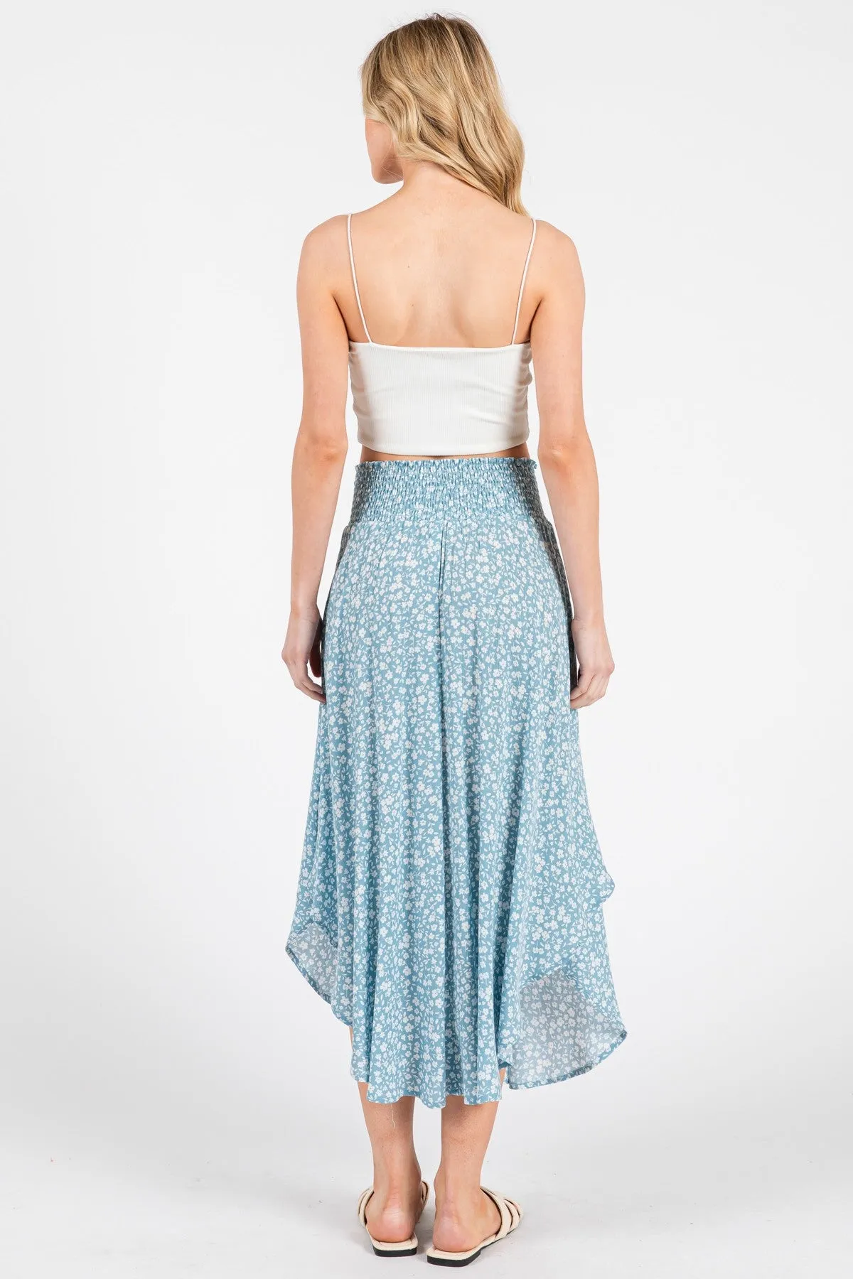 Blue Floral Smocked Waist Round Hem Midi Skirt sold by Pinkblush product image thumbnail 4