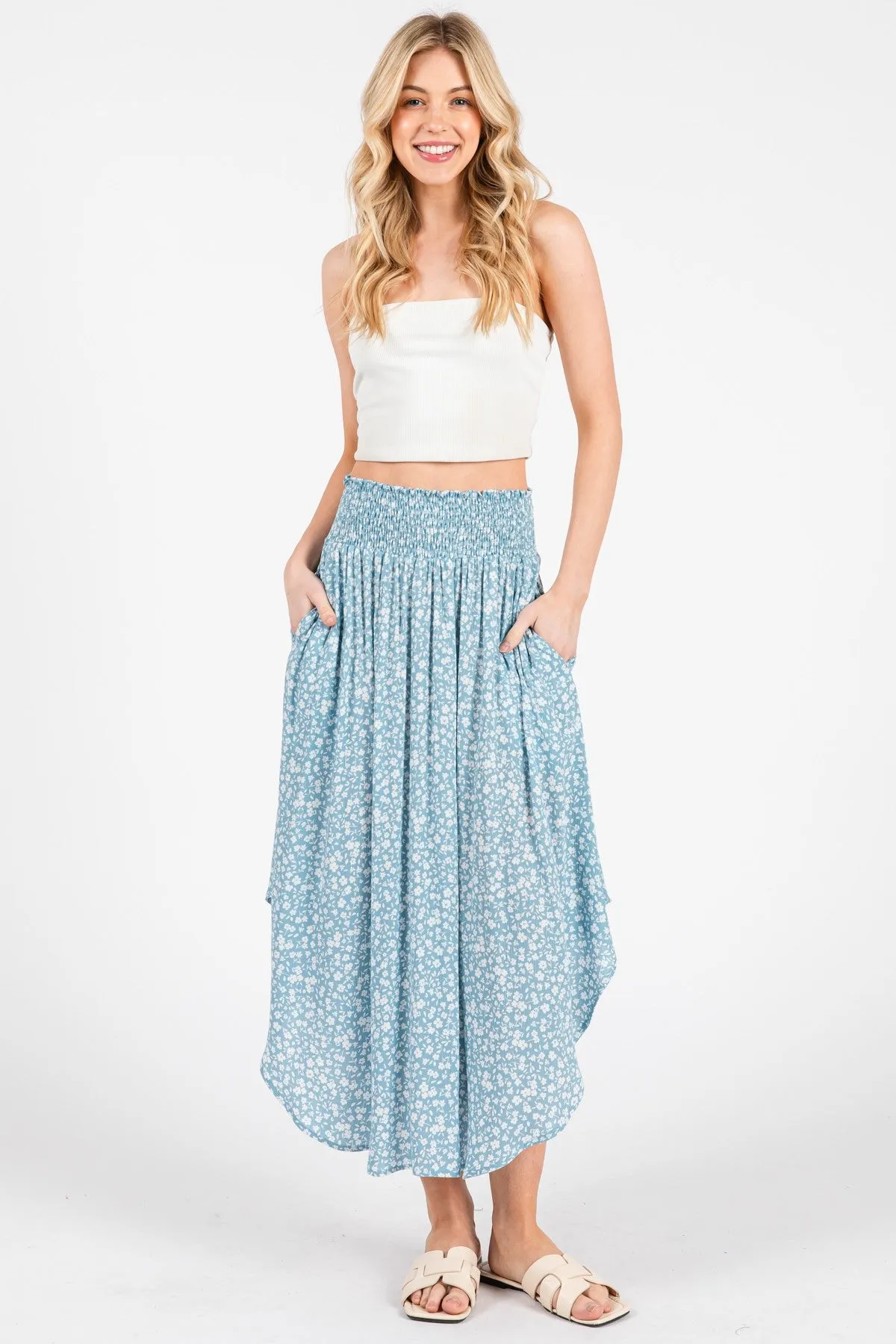 Blue Floral Smocked Waist Round Hem Midi Skirt sold by Pinkblush