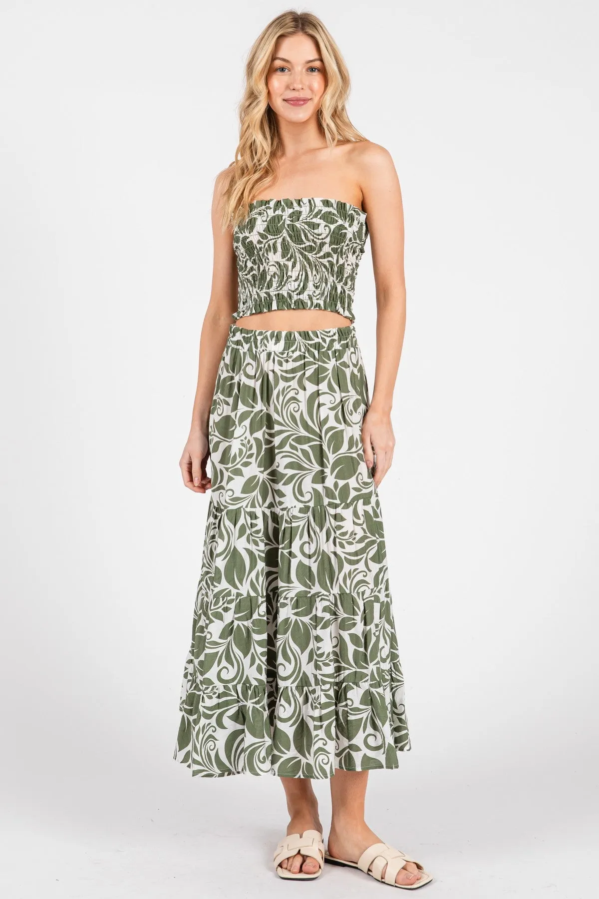 Olive Floral Tiered Maxi Skirt sold by Pinkblush