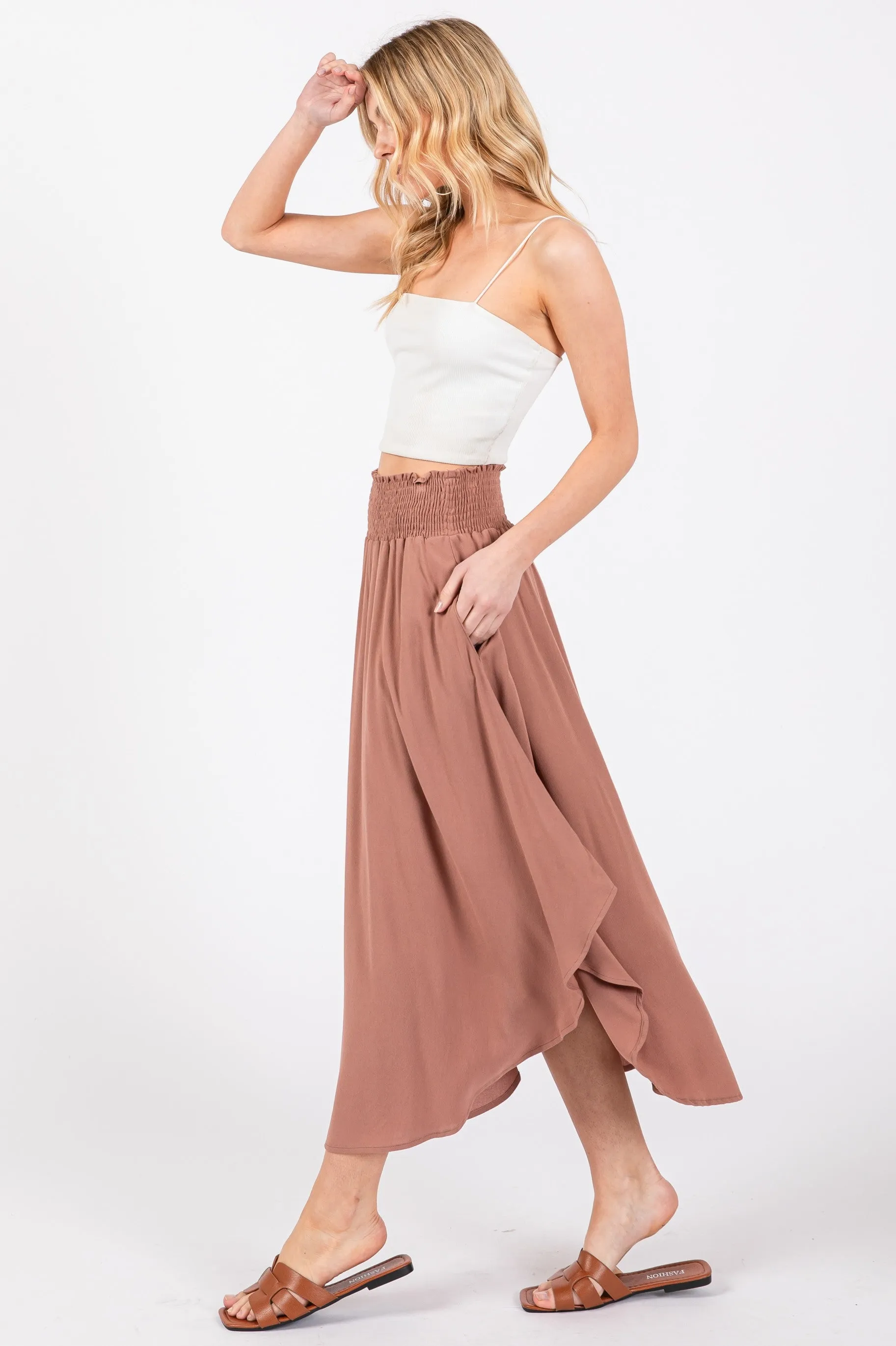 Mauve Smocked Waist Rounded Hem Midi Skirt sold by Pinkblush product image thumbnail 3