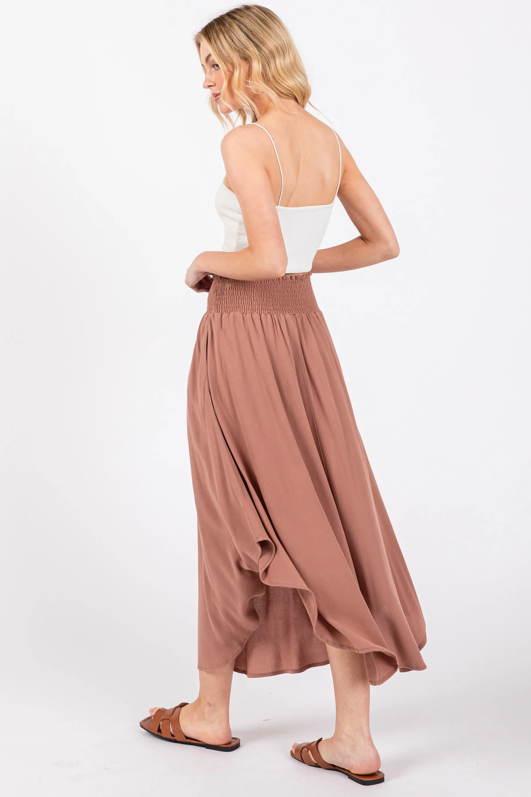 Mauve Smocked Waist Rounded Hem Midi Skirt sold by Pinkblush product image thumbnail 4