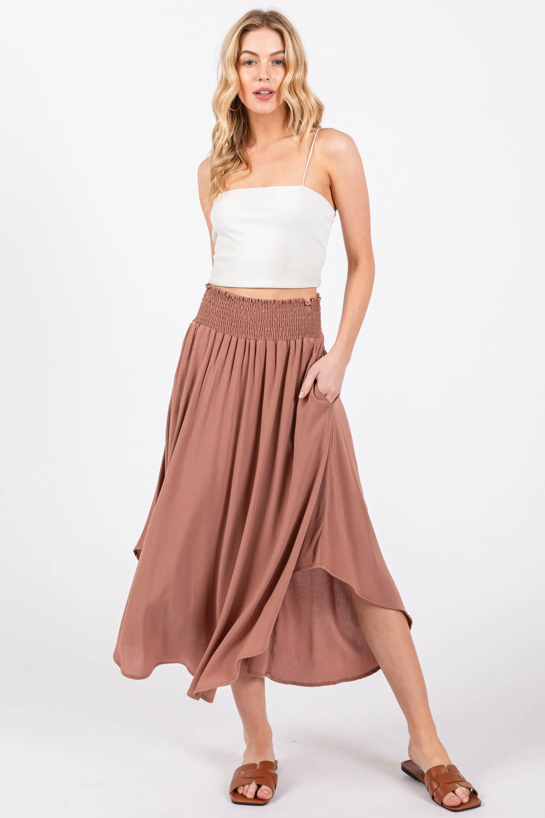 Mauve Smocked Waist Rounded Hem Midi Skirt sold by Pinkblush