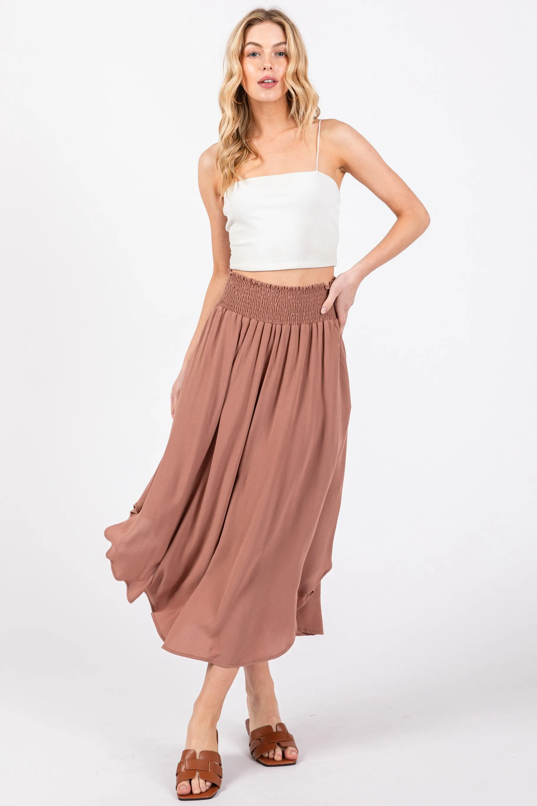 Mauve Smocked Waist Rounded Hem Midi Skirt sold by Pinkblush product image thumbnail 2