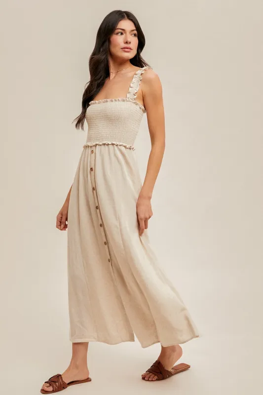 Oatmeal Smocked Button Front Linen Blend Midi Dress sold by Pinkblush