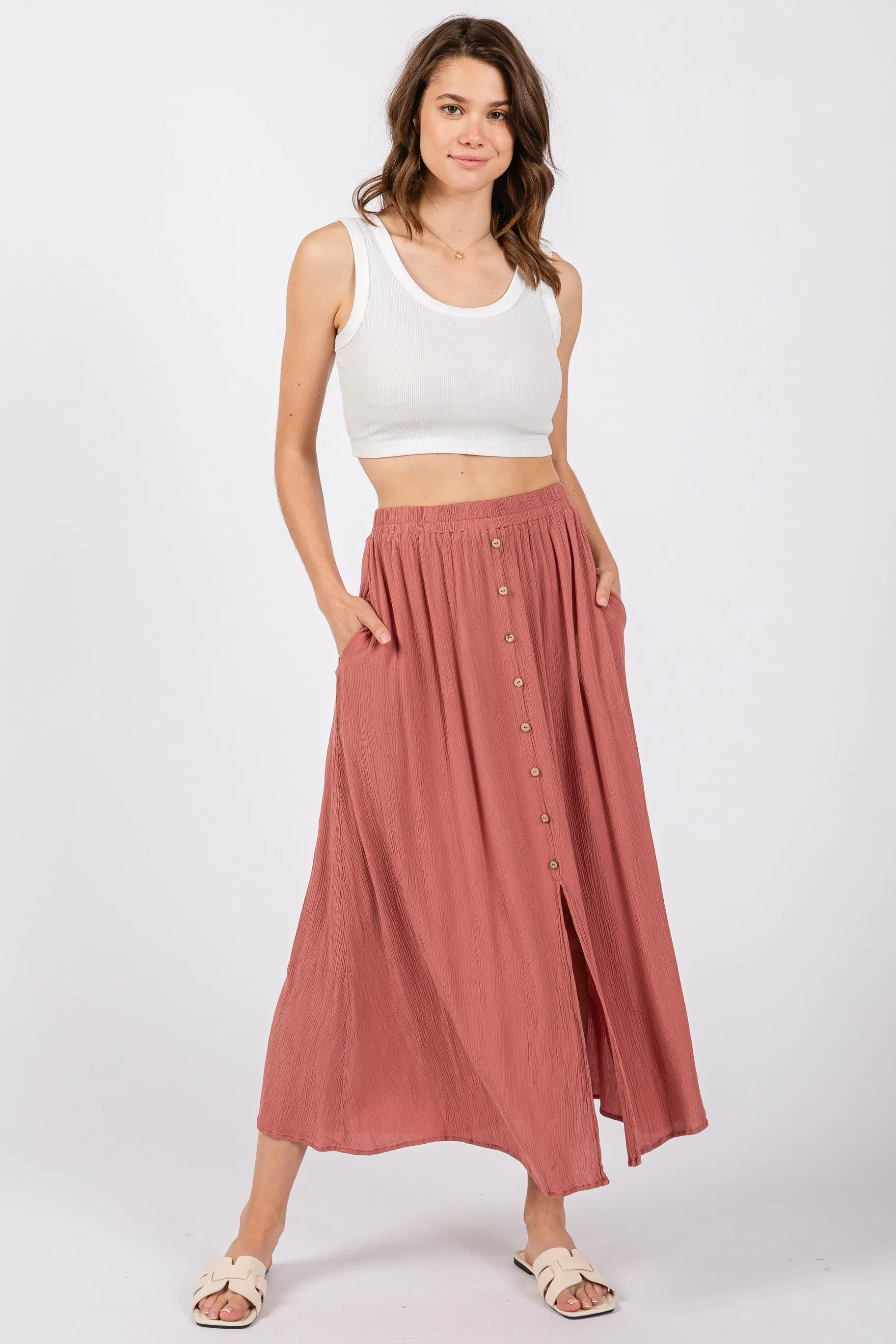 Mauve Button Accent Maxi Skirt sold by Pinkblush